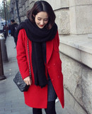 香港代购韩国SZ红色宽松廓型羊绒大衣毛呢外套女斗篷大衣中长款冬