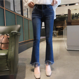 BINS韩国代购女装正品2016春季新款时髦洋气流苏毛边喇叭裤牛仔裤
