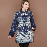 新款女装大码棉衣民族风2015中式棉麻印花中长款拼色立领休闲外套
