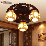 中式木艺陶瓷客厅灯具3头卧室餐厅灯具古典雕刻景德镇陶瓷灯饰