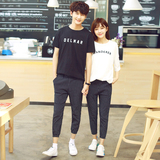 韩版新款2016夏装短袖字母T恤七分裤休闲套装男女情侣装学生班服