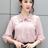 夏季女式蝴蝶结系带雪纺衬衫七分袖  韩范修身显瘦粉色上衣