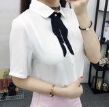 16夏季新款女装雪纺上衣韩版复古优雅蝴蝶结领结短袖衬衫学生潮
