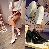 新款韩国女潮真皮OL黑色工作鞋超高跟鞋尖头浅口粗跟单鞋团购
