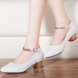 夏季品牌软皮白色米色中跟浅口女鞋跟高3-4cm-5厘米矮跟粗跟单鞋