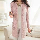 凝妆2016春季新款 圆领中长款显瘦韩版口袋女外套针织衫毛衣