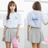 韩国订单学院风卡通鲨鱼刺绣后背字母印花夏季新品短袖宽松T恤女