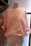 韩国代购2016春装韩版竖条纹宽松休闲长袖女粉色衬衫口袋学院风潮