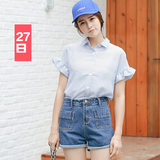 韩版2016夏装新款宽松大码POLO领衬衫上衣短袖条纹雪纺衫女夏学生
