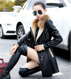 2015冬季新款中长款皮衣女韩版修身加绒加厚外套修身显瘦pu皮棉衣