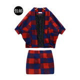 包邮：欧美经典格纹蝙蝠袖斗篷外套+短裙包臀裙套装2015年冬季新