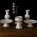 佛教用品陶瓷描金浮雕莲花供盘供杯供水杯花瓶香炉佛堂供具套包邮
