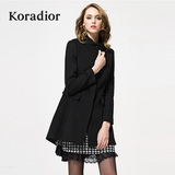 Koradior/珂莱蒂尔正品春款欧美黑色修身显瘦中长款呢大衣外套女
