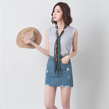 夏季新款 韩版修身 圆领无袖 拼色领带 装饰 纯色上衣衬衫女