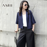 Amii[极简主义]2016秋新款条纹宽松五分袖短款西装外套女11672011