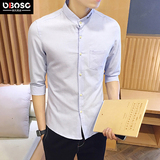 2016夏天韩版立领男士棉麻七分袖衬衫修身蓝色中袖寸衫潮男衬衣服