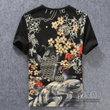 日本潮牌印花锦鲤鱼纹身短袖T恤 夏季个性男士半袖体恤上衣服修身