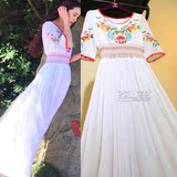 2015夏季新款中袖刺绣长裙民族风波西米亚连衣裙度假海边沙滩裙