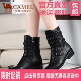 Camel骆驼女鞋中跟新款方跟短靴中筒圆头侧拉链靴子A94112635