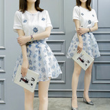 2016夏季韩版新款女装欧根雪纱印花修身显瘦气质短袖两件套连衣裙