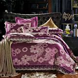 欧式莫代尔贡缎提花四件套 全棉纯棉 被套床单酒红紫色花朵包邮