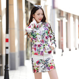 2016春季韩国休闲套裙运动套装裙碎花女秋季卫衣包臀短裙两件套