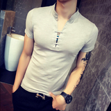 T恤男夏季修身短袖薄款韩版上衣V领百搭简约打底衫硬汉青年学生潮