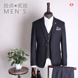 灰色条纹男士韩版修身小西装英伦复古结婚西服外套有三件套装