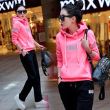 2015秋冬加绒加厚新款韩版修身长袖卫衣两件套女连帽运动休闲套装