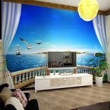 地中海大型壁画墙纸壁纸海景蓝天客厅沙发墙布帆船阳台风景背景墙
