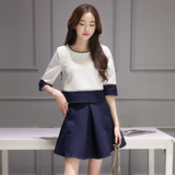 2016春装新款韩国女装正品两件套撞色五分袖上衣半身裙显瘦套装女