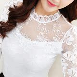 秋冬季韩版女装大码加绒加厚打底衫女式长袖t恤短款蕾丝高领小衫