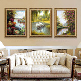 美式油画天鹅湖装饰画客厅三联画风景纯手绘欧式壁画玄关挂画拼画