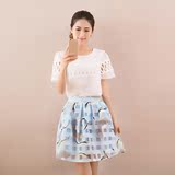 2016春夏新款韩版女装两件套连衣裙雪纺蕾丝衣夏装蓬蓬A字裙套装
