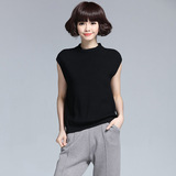 2016韩版套头纯色针织t恤女 半高领薄款短袖上衣打底衫