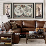 美式客厅沙发背景装饰画三联 欧式复古书房现代壁画挂画 建筑地图