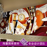 大型壁画手绘抽象风格披萨pizza主题壁纸休闲吧餐厅饭店欧式墙纸