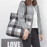 冬季新款女士韩版格子单肩包包简约百搭绒布大包购物袋大容量女包