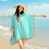 夏季棉质波西米亚女士海边度假沙滩装宽松圆领防晒上衣比基尼罩衫