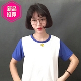 夏季新款韩版学院风卡通可爱叮当猫拼色宽松短袖T恤 男女情侣装潮
