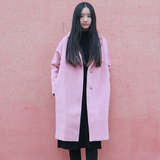 2016春装宽松纯色粉色中长款韩版西装领羊毛呢子大衣外套女学生
