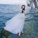 超长款大摆短袖蕾丝连衣裙夏韩版网纱沙滩裙海边度假白色仙女长裙