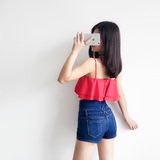 蜜糖MT2016韩国夏季新品性感露肚脐两层荷叶边吊带短款背心上衣女