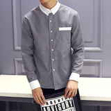 2015春秋装男士格子衬衫长袖修身英伦青年休闲衬衣男式黑白小格子