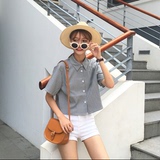 夏季韩国复古百搭短款显瘦格子衬衫女甜美女学生宽松POLO领上衣潮