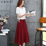 2016短袖套装棉麻裙子女装夏季韩版修身复古两件套亚麻连衣裙