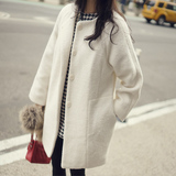 2015新款韩版女直筒宽松甜美气质无领中长款毛呢大衣茧型时尚外套