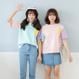 口袋拼色半袖T恤女夏季韩版上衣宽松显瘦短袖体恤卡通百搭打底衫