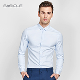 BASIQUE元本 2016夏季新款男士修身长袖男衬衫 商务休闲方领白色