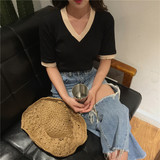 韩国chic复古气质V领拼色修身短袖针织t恤女打底衫上衣